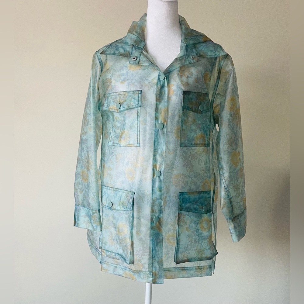 Free People Festival Teal and Yellow Floral Oversized Raincoat EUC Size XS - Picture 5 of 9